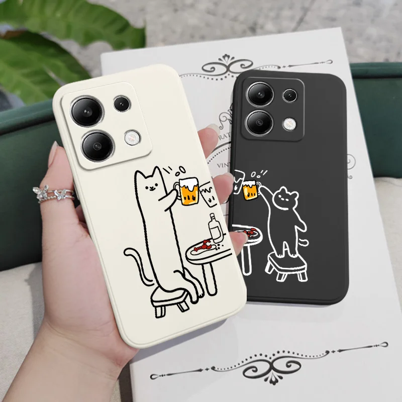 

Drinking Cat Phone Case For Xiaomi Redmi Note 14 13 12 12S 11 11S 10 10S 9 9S 14C Pro Plus 4G 5G Liquid Silicone Cover