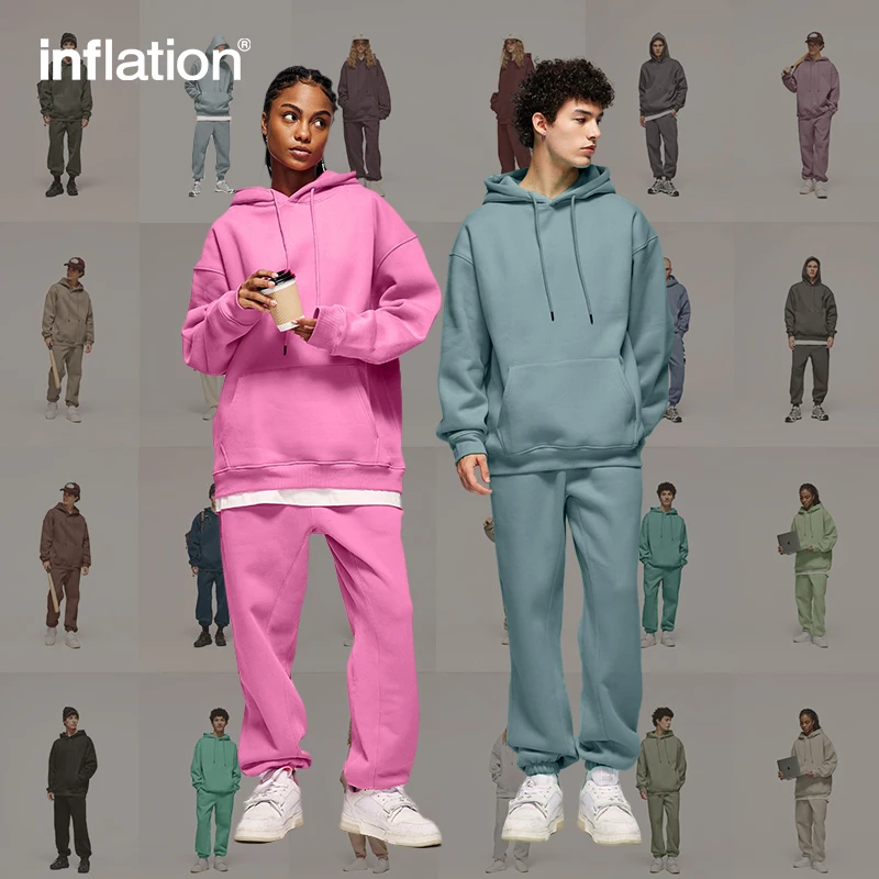 INFLATION-chándal de vellón grueso para hombre, traje de Jogging de Color sólido a la moda, conjunto de pantalones de chándal a juego en blanco,