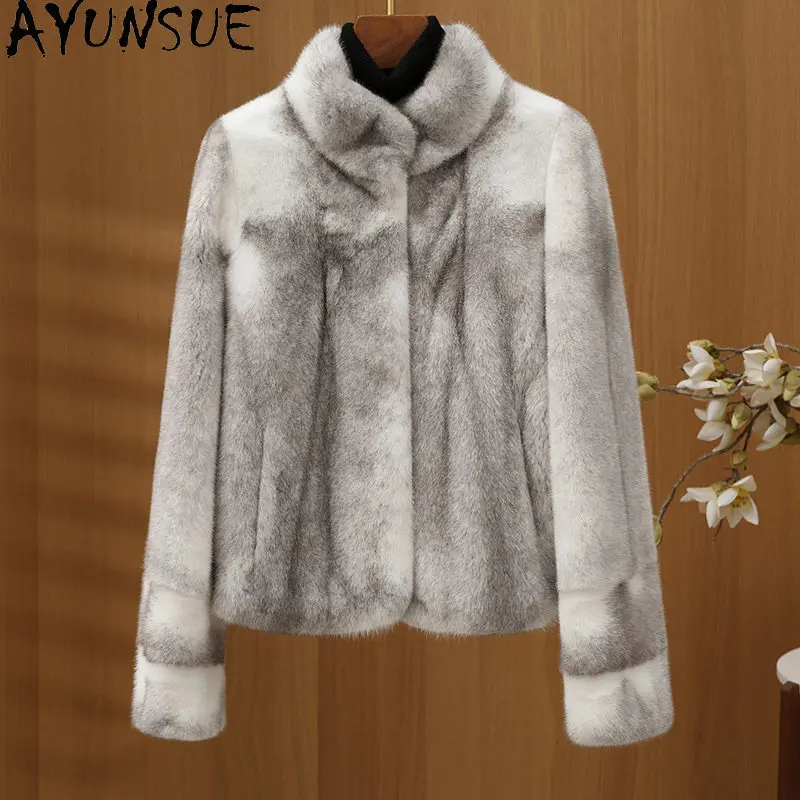 AYUSNUE Cross Mink Fur Coat Women Winter Clothes Luxury Real Fur Womens Coat Stand Collar New in Coats Whole Mink Шуба Женская
