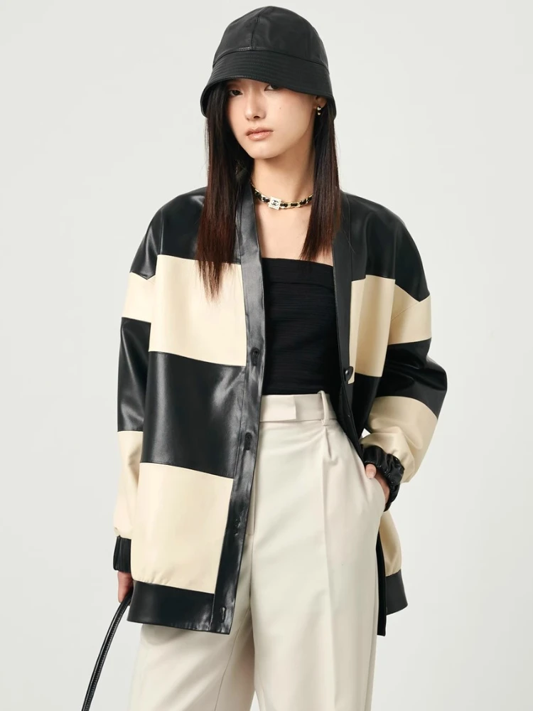 V-neck Genuine Leather Jacket for Women Spring Autumn High-end Simple Black White Contrast Design Loose Soft Real Sheepskin Coat