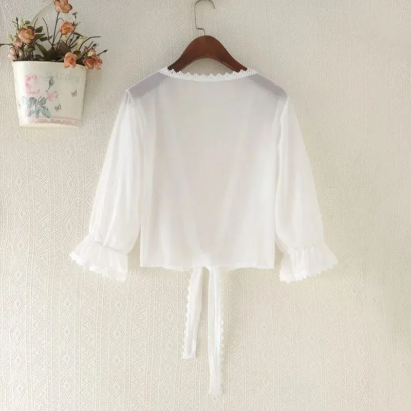 Chiffon Cardigan White Transparent Mesh Shawl Pagoda Sleeve Women Sun Protection Clothing Short Thin Coat Summer Matching Straps