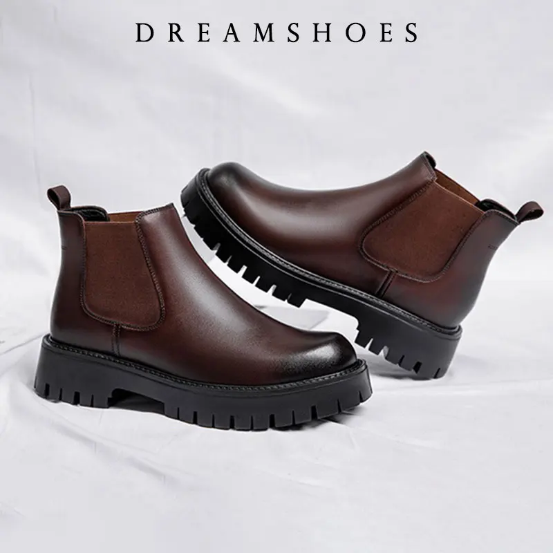 

2025 High Quality Fashion Mens Boots Mid Calf Boots Fashion Casual British Style Thick Bottomed Mid-top Chelsea Boots