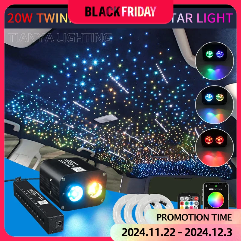 20W Meteor Twinkle Starry Sky Car Star Ceiling Lamp Roof Led Fiber Optic Light Music Sensing Ambient Light Double Color Control 