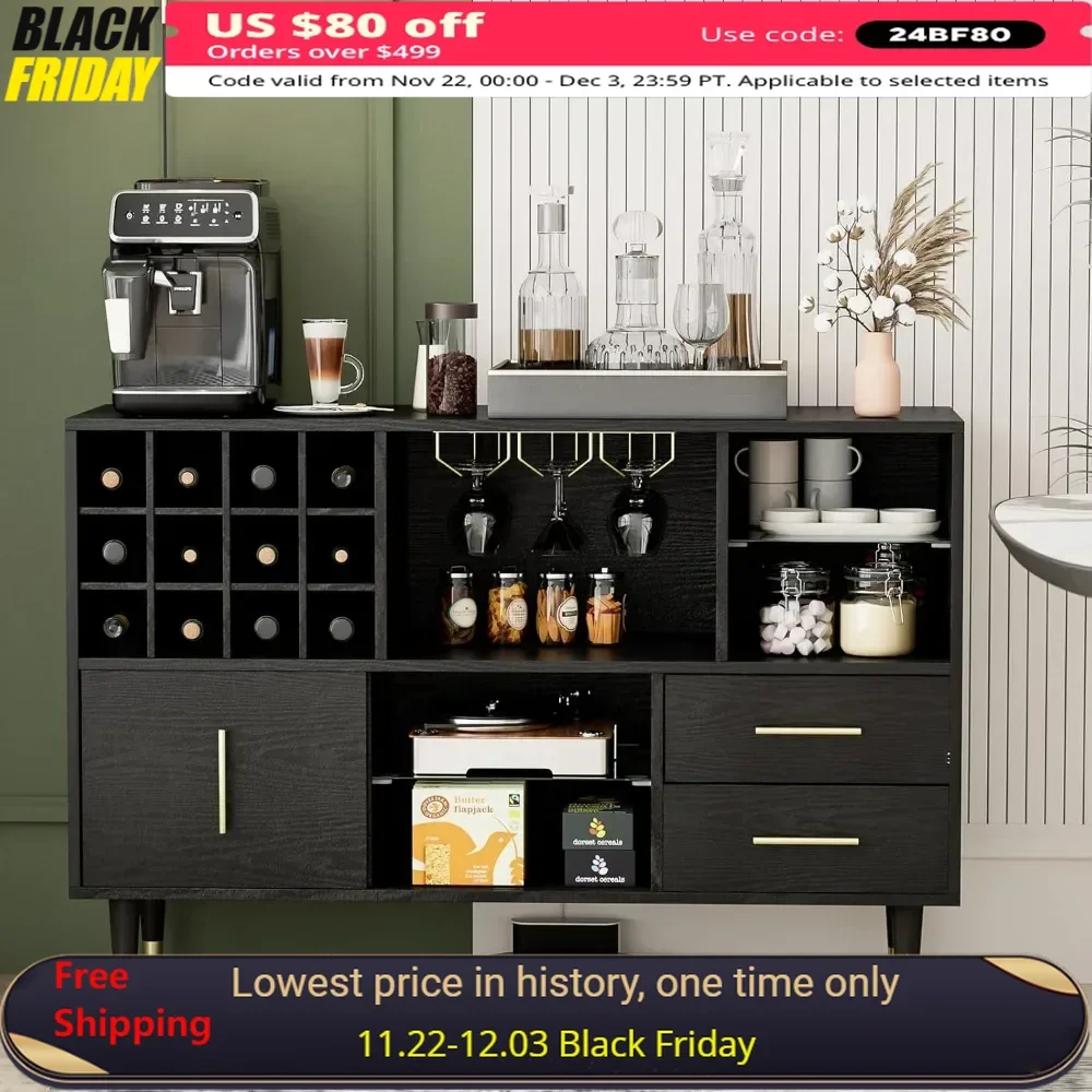 Kitchen Sideboard Buffet Cabinet, Wood Bar Cabinet Server Cupboard with 12 Wine Bottle Rack, Stemware Holder and Drawers