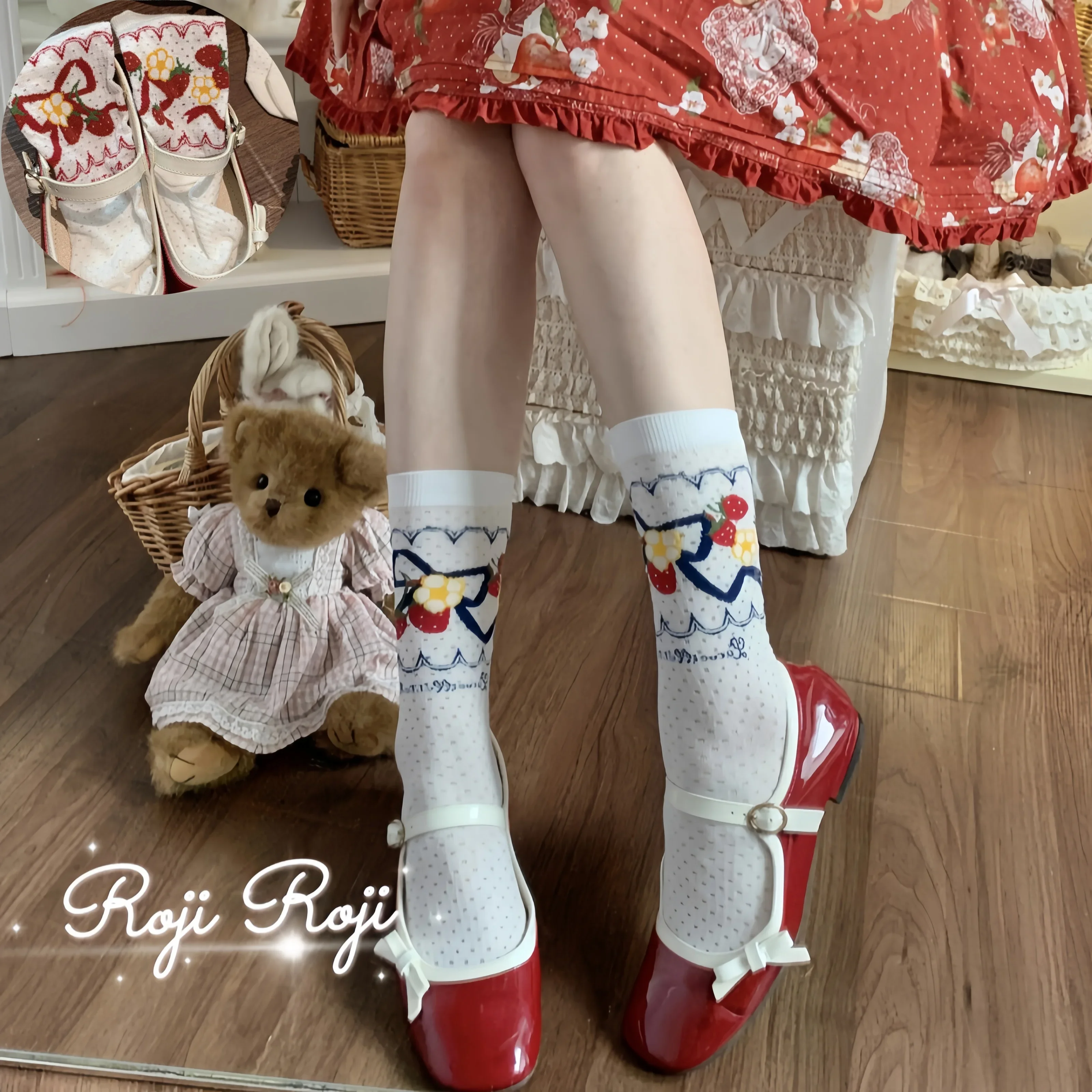 IMU Japanese Hot Lolita Strawberry Flower Lace Socks Women Gentle Ballet Socks JK Harajuku Lace Bow Slim Leg Short Socks