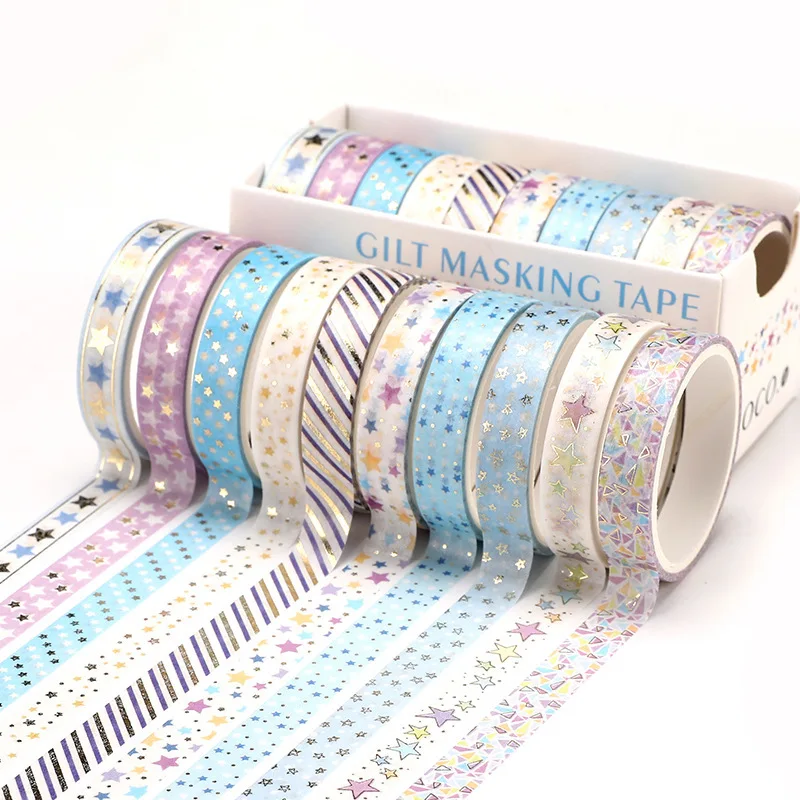 Rubans Washi en feuille d'or pour scrapbooking, 10 rouleaux, étoiles Kawaii, coeur d'amour, journal intime, fournitures de licence, papeterie Kawaii