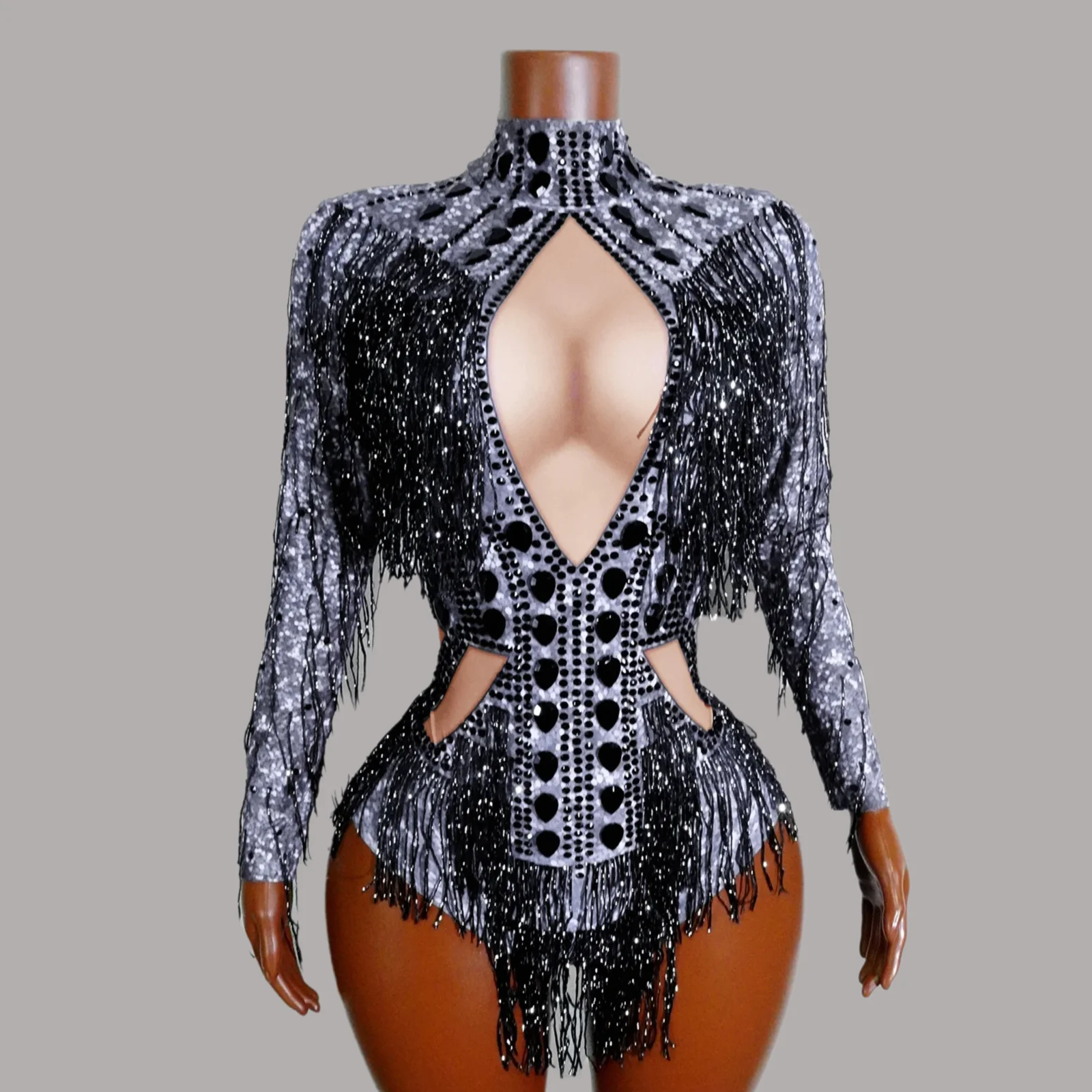 キラキララインストーンフリンジジャンプスーツダンス衣装ビッグクリスタルボディスーツタッセルボディスーツパーティーステージウェアダンスショーセクシー衣装