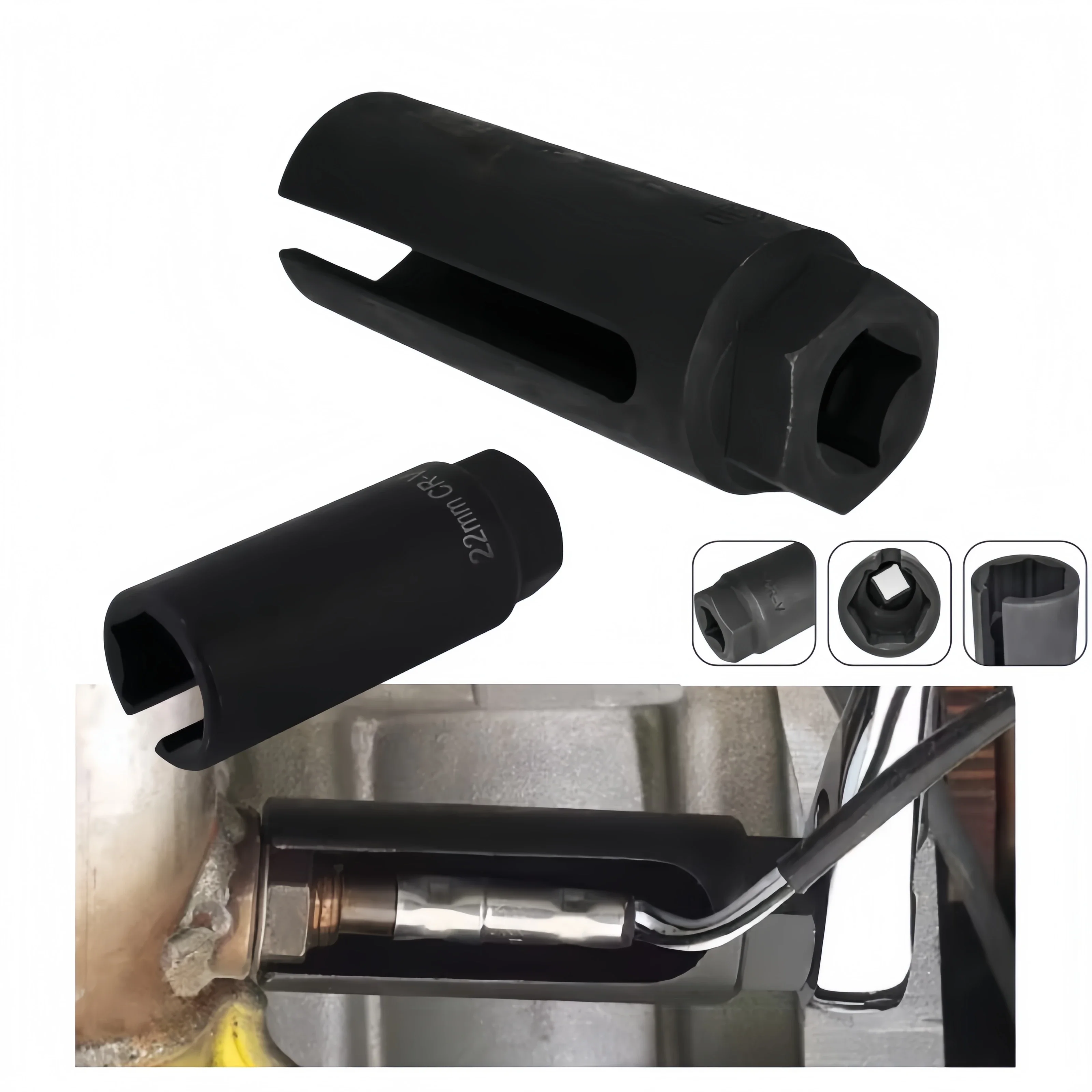 22mm Black Narrow Mouth Lambda Sensor Removal Socket Kit CR-V Steel 1/2 Drive 8mm Slot for Car Tools Oxygen Vacuum