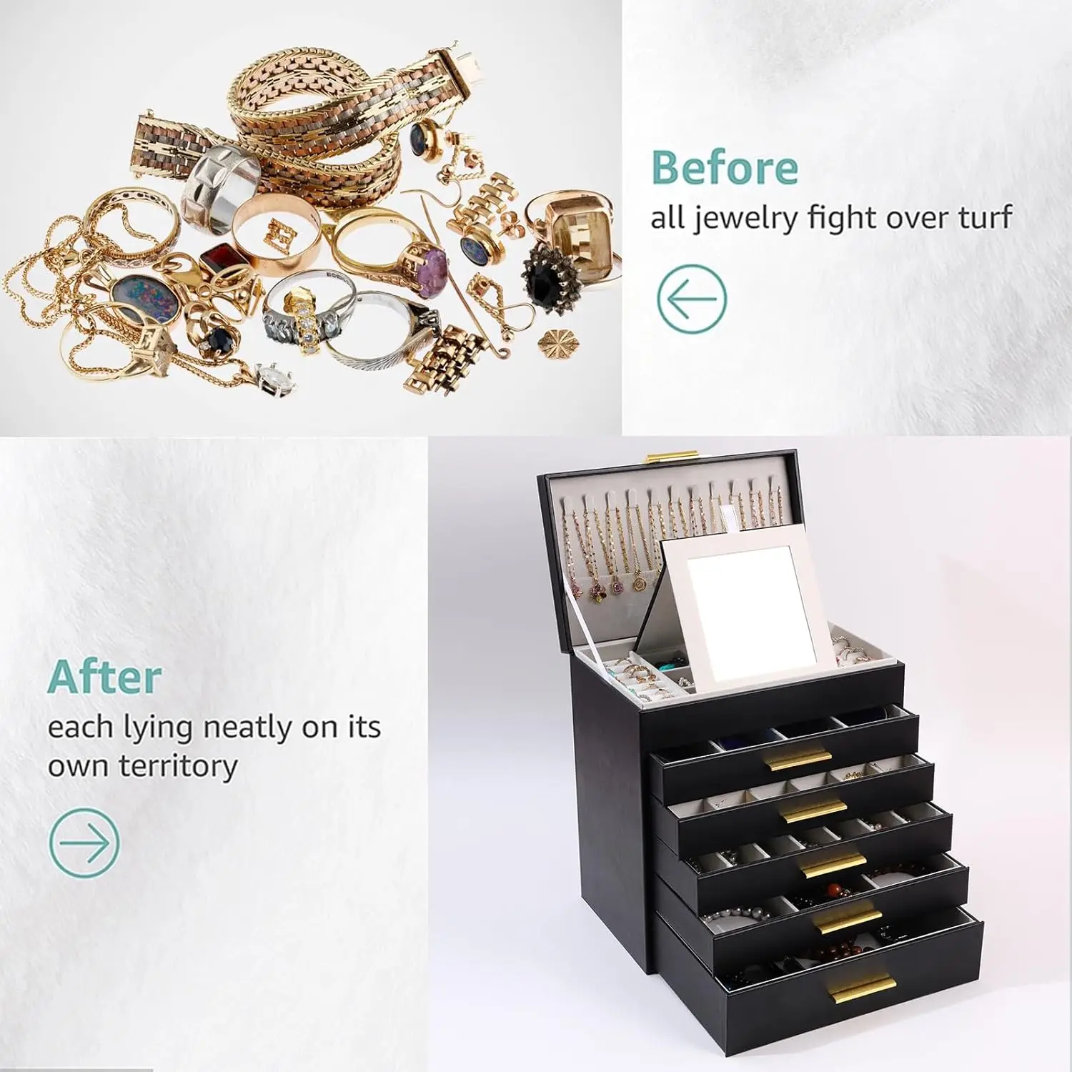 6-Layer Jewelry Organizer with Drawers and Mirror - Large Storage Box for Earrings, Necklaces, Rings