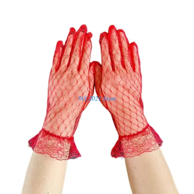 G5GC سيدة مساء مأدبة قفازات أنيقة كاملة الأصابع قفازات 1920s الزعنفة الأسود الدانتيل الزفاف قفازات الزفاف لملابس الزفاف