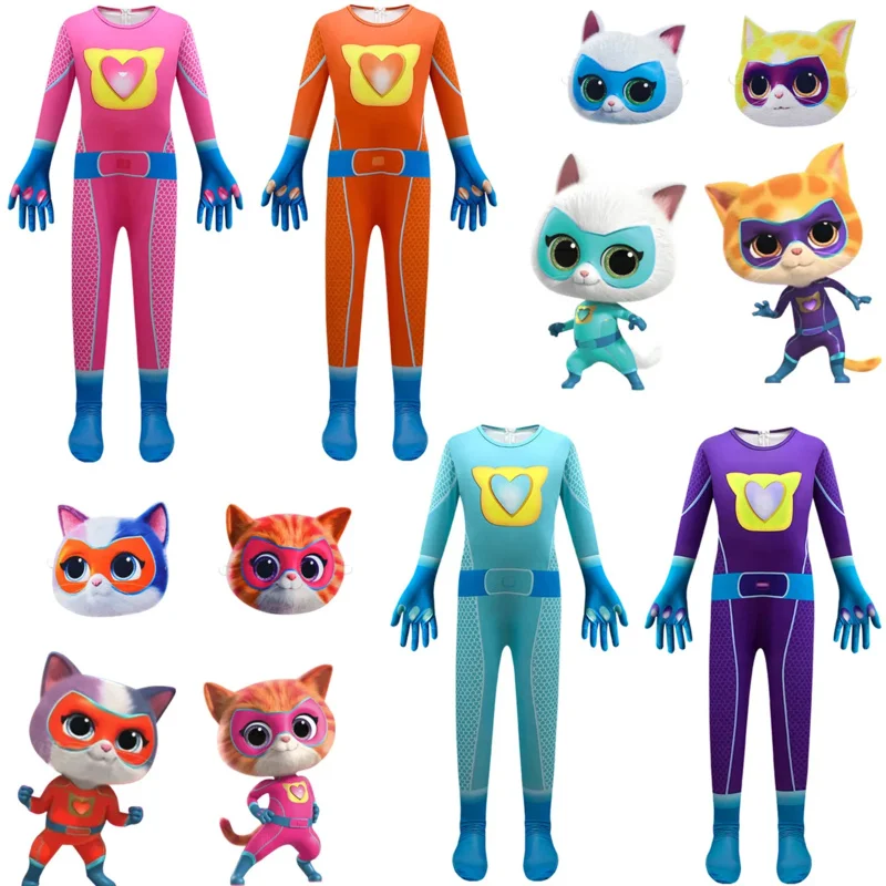 Children's Super Kitties Cats Costume Kids Halloween Outfits Teenager Boys One-piece Jumpsuit Baby Girls Bodysuit and Mask Suits