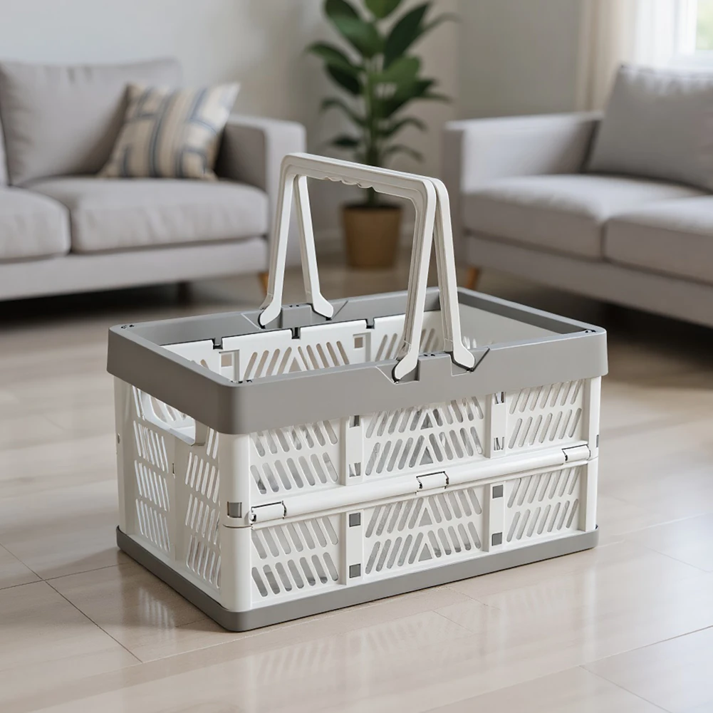 قفص بمقبض بلاستيكي قابل للطي مع سلال تخزين بمقابض كبيرة قابلة للتكديس لغرفة المعيشة في المطبخ وتنظيم سطح المكتب #2