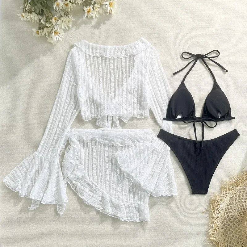 Holiday Beach 4-częściowy zestaw bikini dla kobiet Seksowny biustonosz z dekoltem + majtki + falbany z długim rękawem Koronkowy kardigan Crop Tops + mini spódniczki