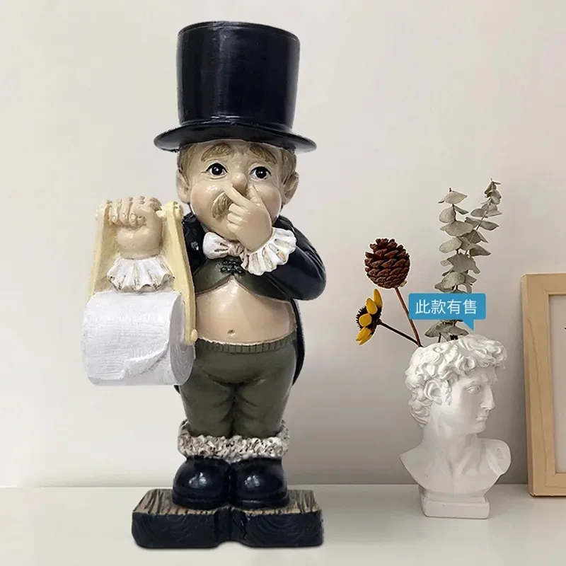 Creative Spoof Paper Holder Statue Cute Funny Decorative Resin Butler Shape Tissue Stand Rack Sculpture for Toilet Decoration