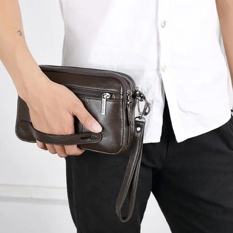 Men\'s Leather Clutch Purse Wallet Men Cowhide Wristlet Holder Wrist Bag Pack Business Cell Phone Cash Card Handbag