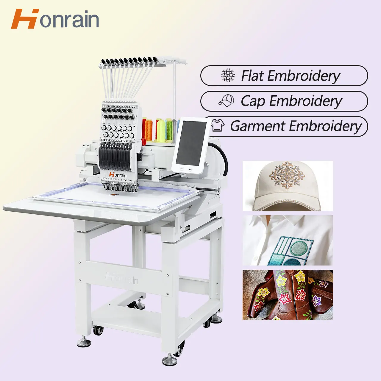 HONRAIN New Computerized Single Head 12/15 Needle 1200 RPM Motor Gear Embroidery Machine Home Use Custom Printing Shops Caps