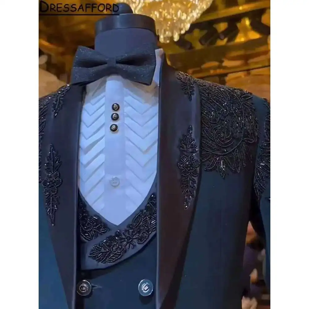 Navy Blue Beading Three Pieces Men Suits With Black Sequined Appliques Man Blazerjacket+Vest+Pants