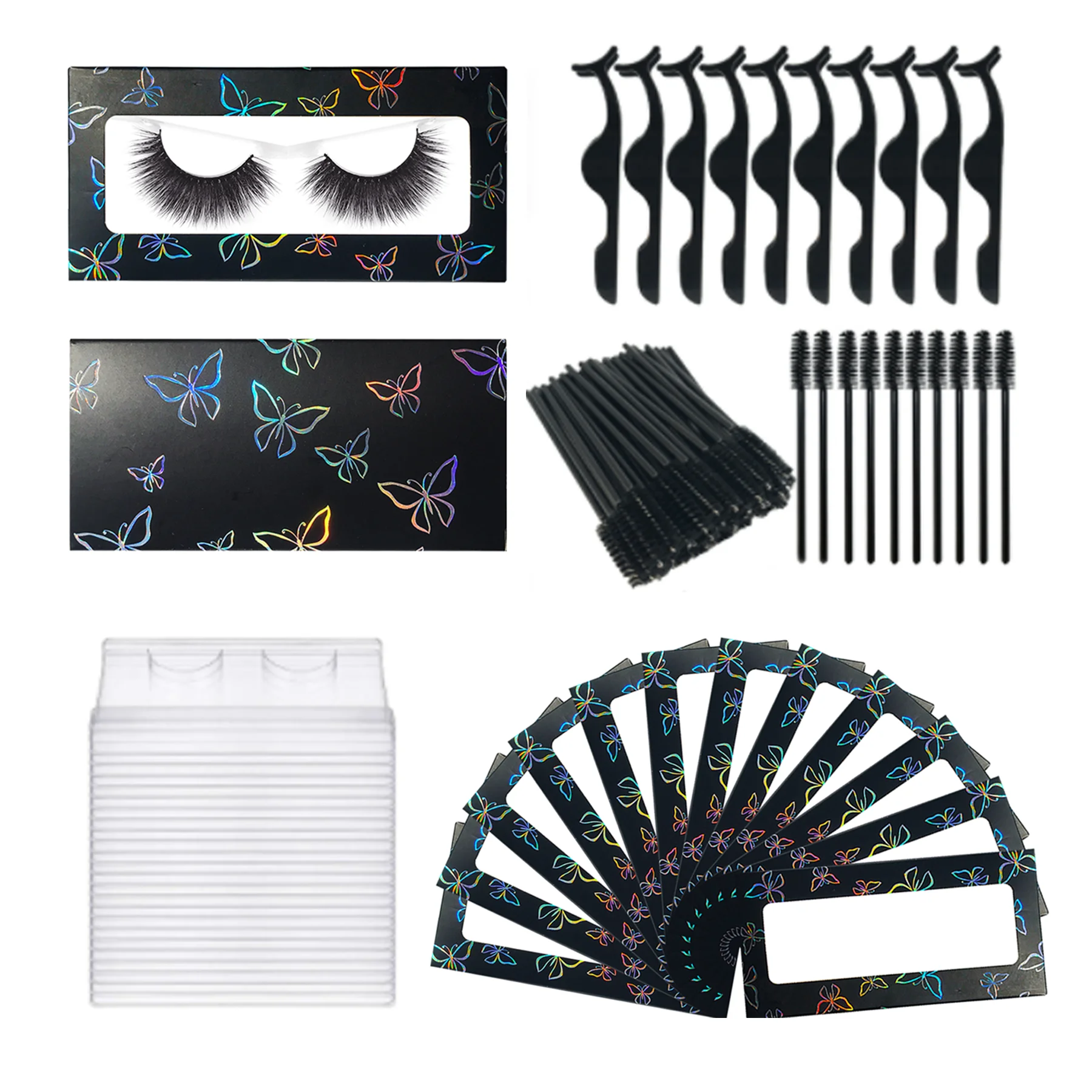 Wholesale Eyelashes Paper Box With Lash Trays Brush Tweezers Applicator For Fluffy Natural Long Wispy Strip Mink Lashes