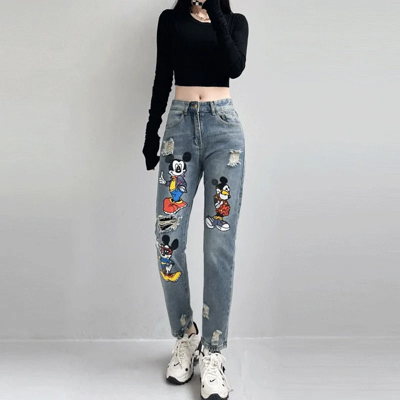 Mickey Mouse ripped jeans women's new cartoon Mickey print loose slimming high waist fashionable age-reducing harem pants gift