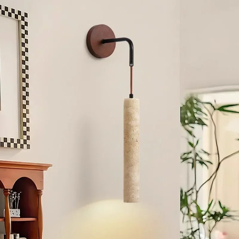 Wabi Sabi Yellow Travertine Stone Wall Lamp Walnut Adjustable Bedroom Bedside Light Home Stay Room Study Background Wall Lamp
