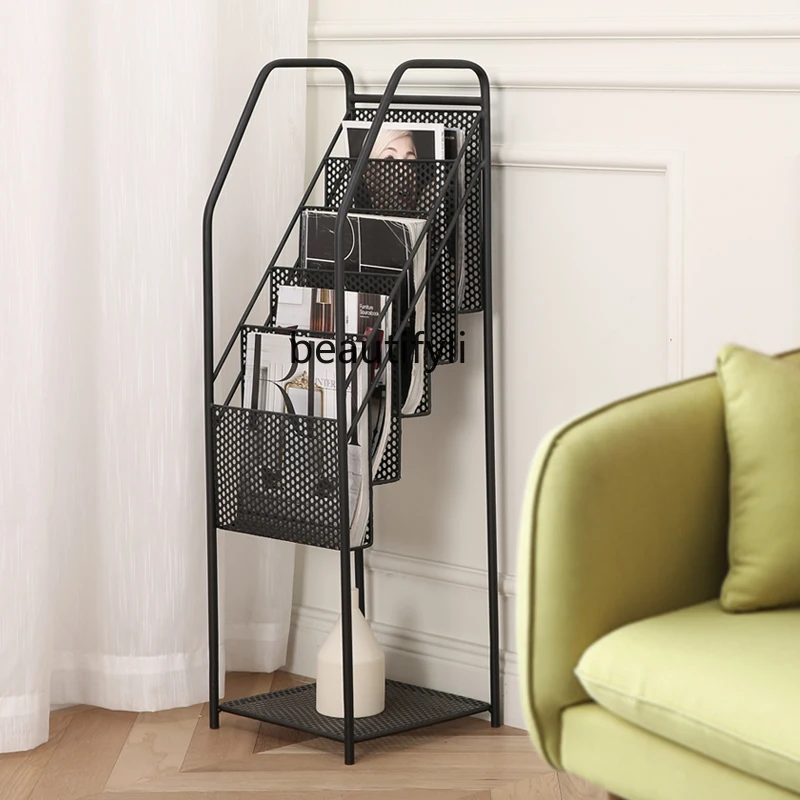 zqNordic Wrought Iron Magazine Rack Picture Book Rack Newspaper Shelf Floor Living Room the Newspaper Stand Corner Storage Rack