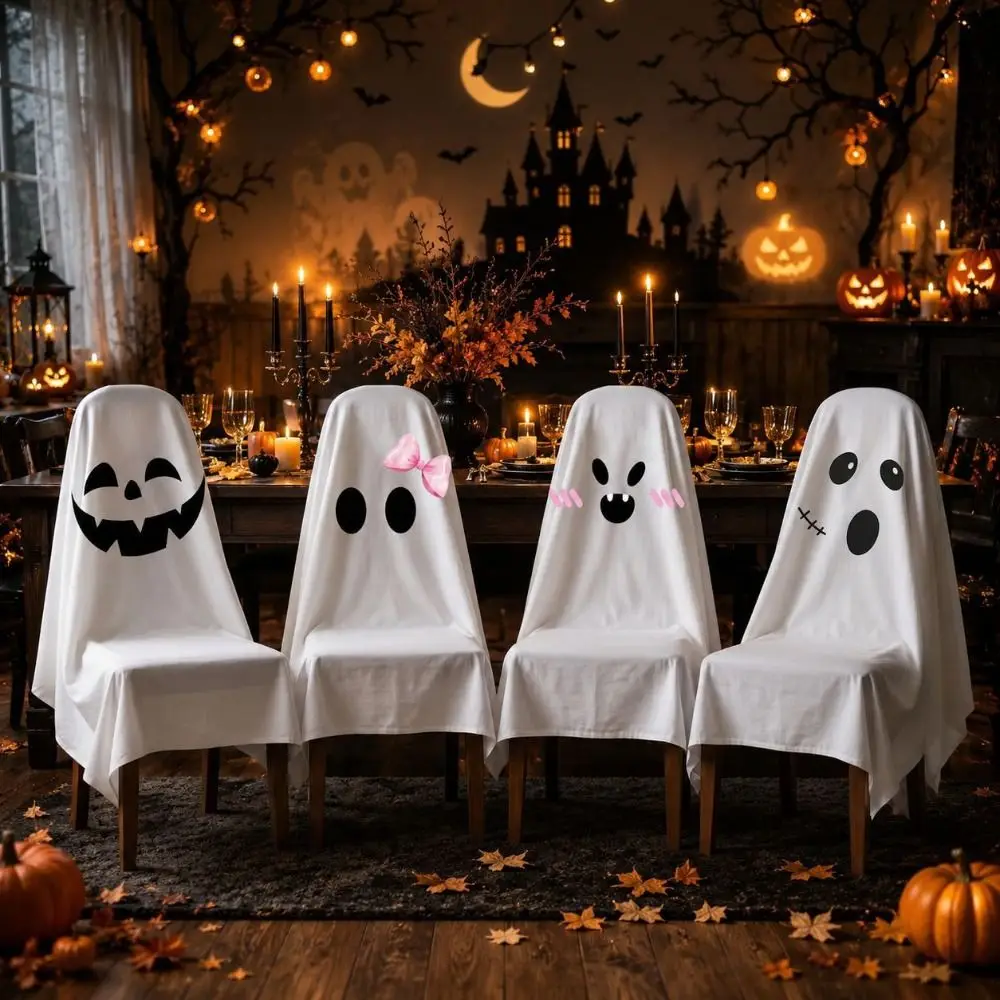 Pumpkin Halloween Chair Cover Soft Skull Pattern Halloween Dinner Chair Seat Cover Pink Removable Festival Table Decor
