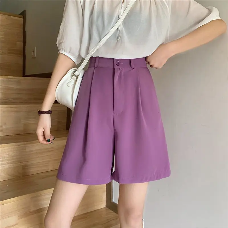 Spring Summer Women\'s High Waisted Button Solid Pockets Casual Suit Sports Formal Trousers Preppy Style High Street Shorts