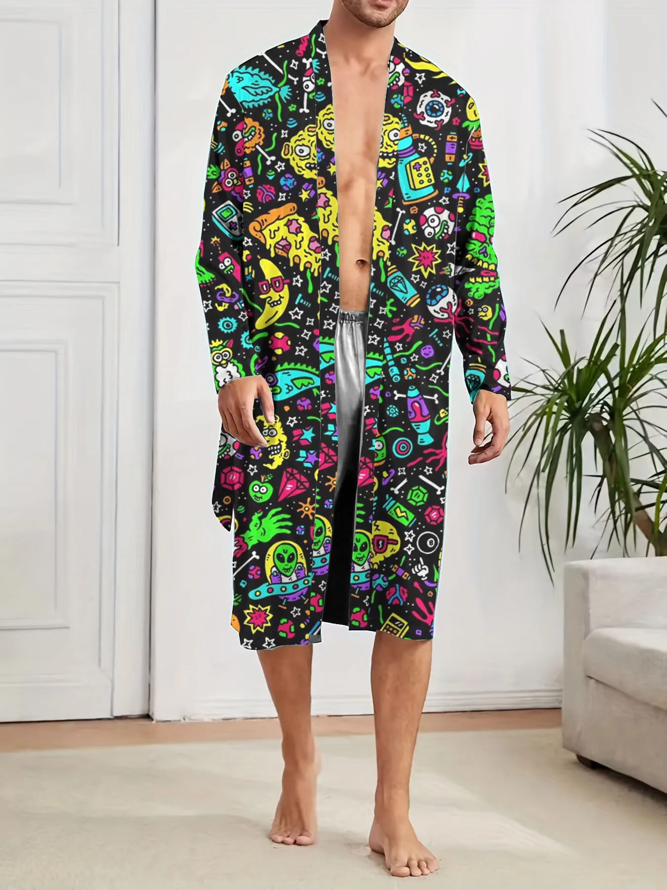 Spring and Autumn Digital Printed Men's Sleeper Robes, Fashionable Casual Sleeper Robe Quick Drying Nightie for Men
