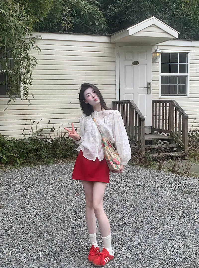 

Spring Summer 2026 Women's Korean Style Long Sleeve Embroidered Shirt High Waist Skirt Two Piece Set Button up Fashion