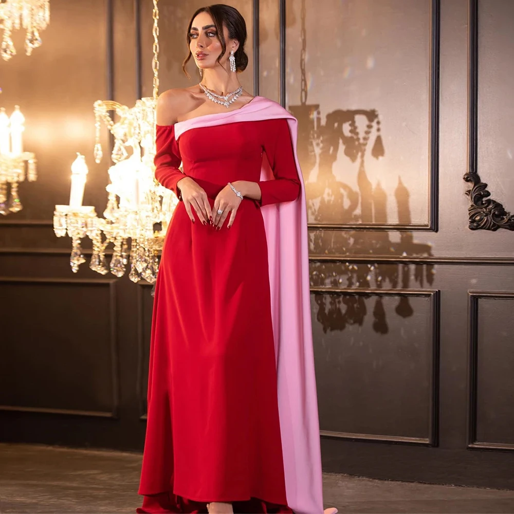 

Modest Off the Shoulder Jersey Evening Dress Ribbons Formal Occasion Gowns Long Sleeves Sweep Train Prom Dress Saudi Arabia 2024