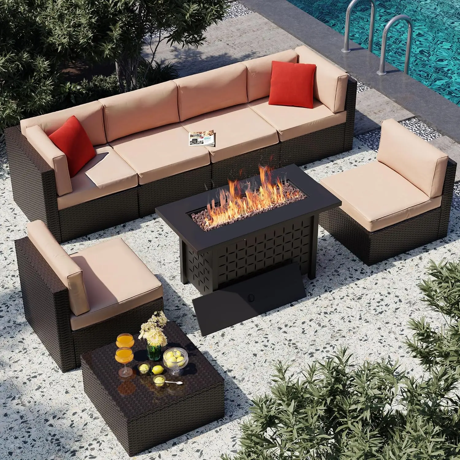Outdoor Furniture With Fire Pit Table - ชุดเฟอร์นิเจอร์ลานกลางแจ้ง 8 ชิ้น พร้อมเตาไฟแก๊สขนาด 43 นิ้ว,