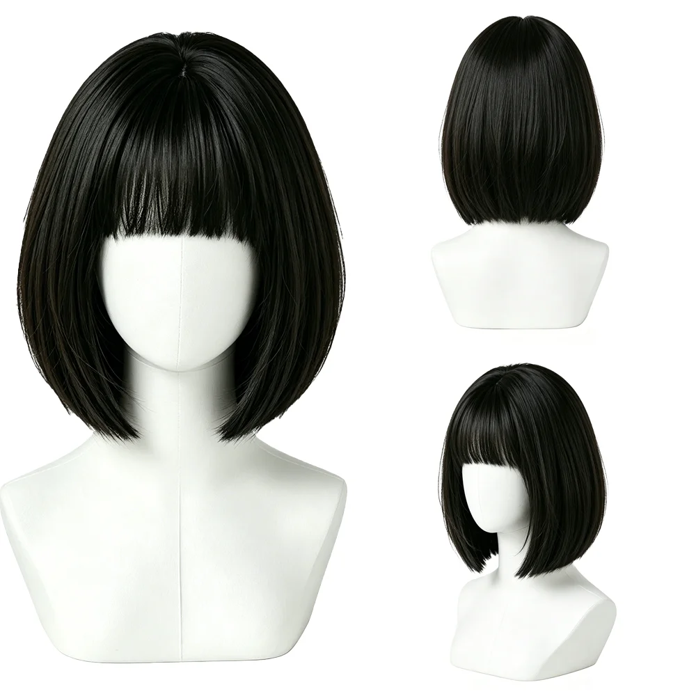 12 Inch Short Straight Bob Wigs For Women Black Brown Blunt Bangs Heat Resistant Synthetic Hair Natural Looking Daily Party Use