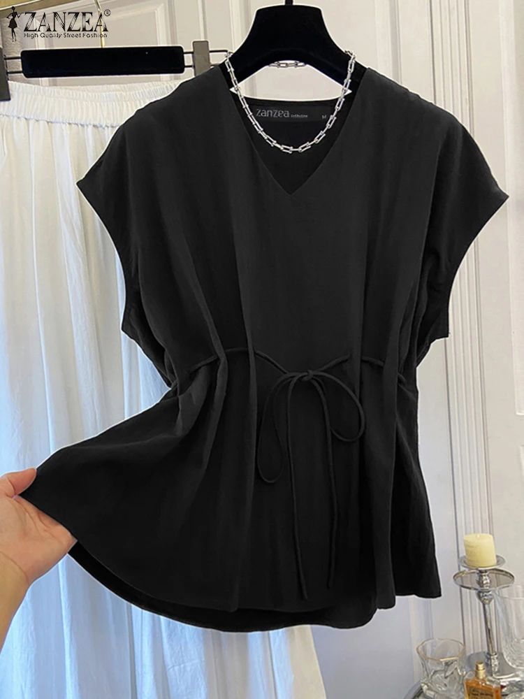 ZANZEA femmes élégant col en V hauts sans manche élégant chemisier d'été solide OL chemise de travail décontracté ample Blusas mode vacances réservoirs