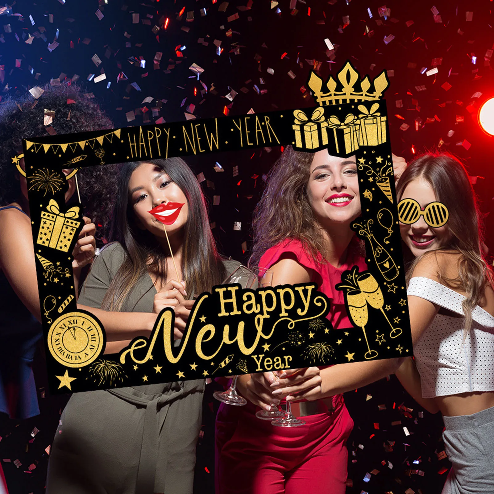 Happy New Year Photo Props with Premium Paper Material Funny Selfie Props Suitable for Family Friends Group Shots