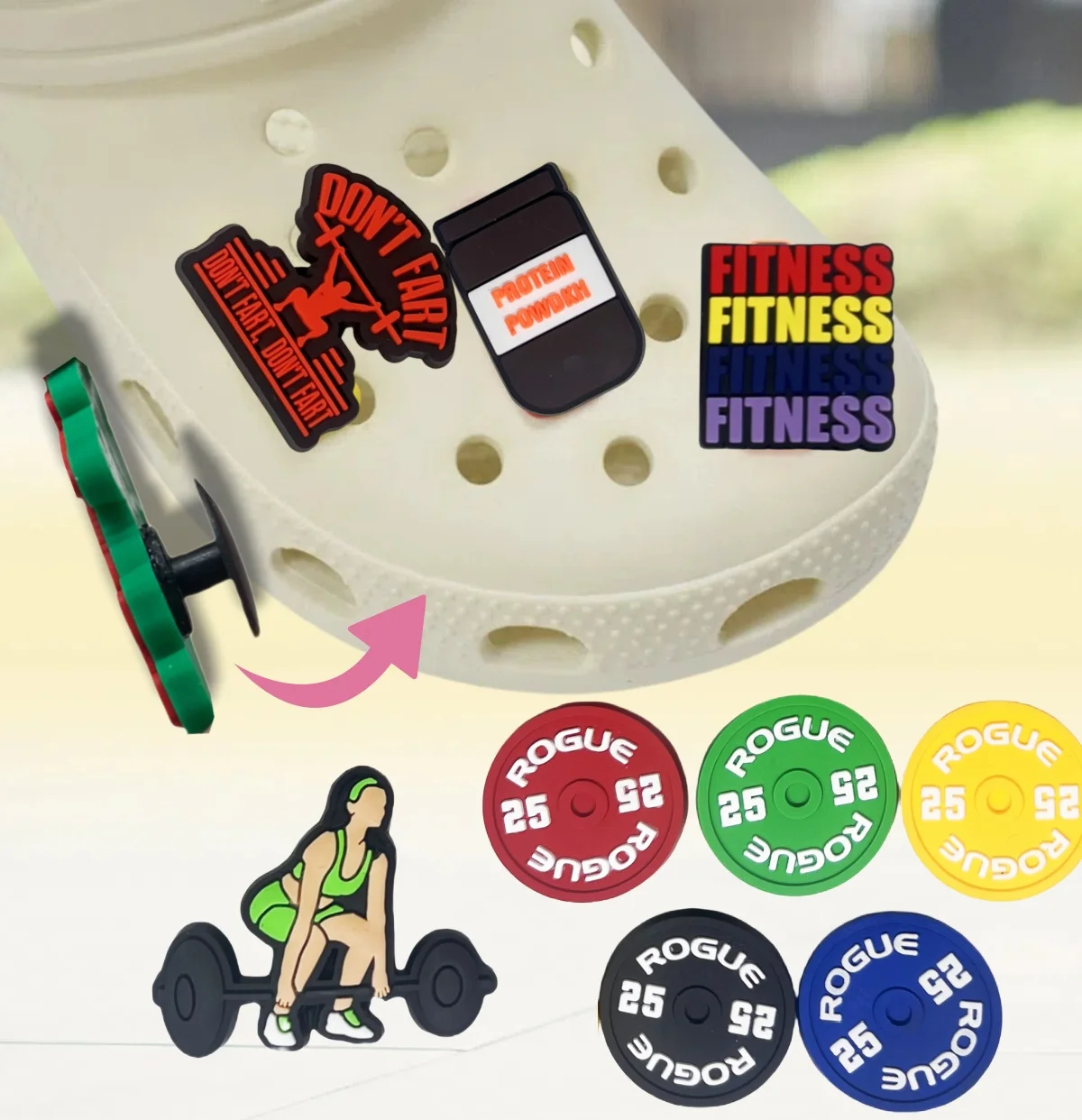 Singel Sale Fitness PVC Shoe Charms GYM-LIFE Dumbbell DIY Cute Shoe Buckle Decorations fit Croc JIBZ Party Boy's N Girl's Gifts