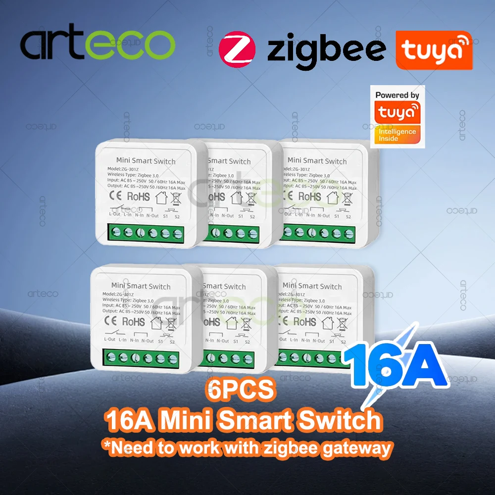 

6 шт. Tuya Zigbee Mini Smart Switch 16A 2-сторонний модуль выключателя управления Smart Life DIY Light Switch работает с Alexa Yandex Z2M Hub