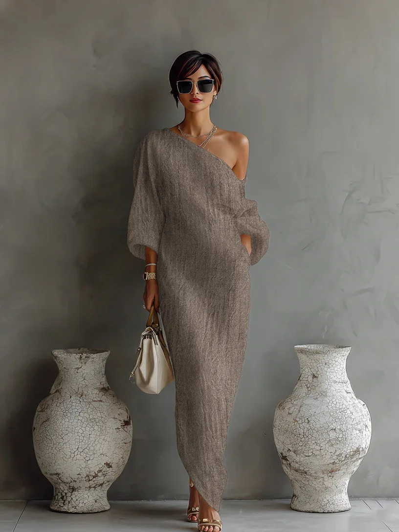 Women's Boho Slim Maxi Dress Retro Solid Color Asymmetrical Neck Cutout  Long Sleeve Spring Autumn Party Gown - AliExpress