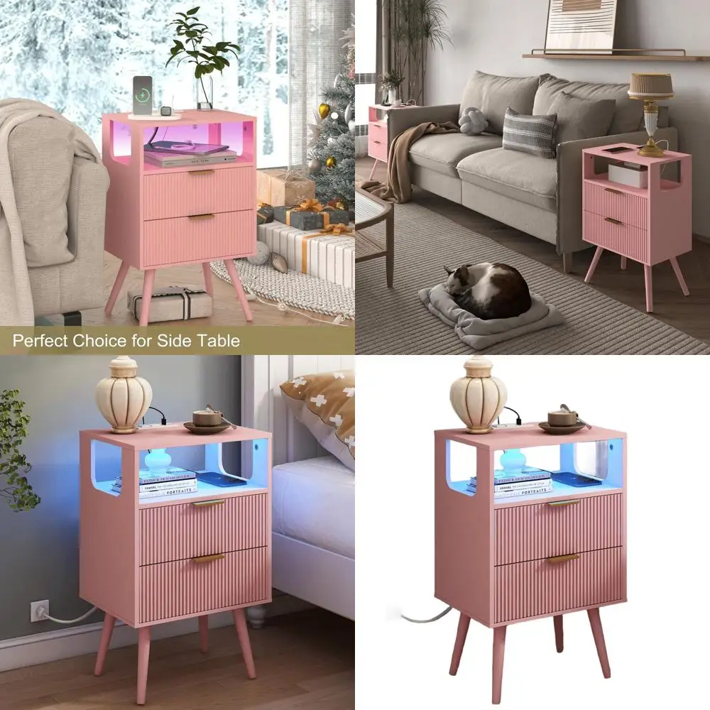 

LED-Lit Pink Nightstand with Charging Station and 2 Drawers for Small Bedrooms