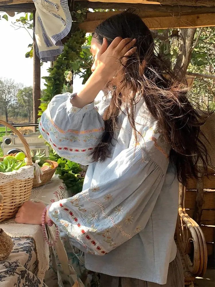 

n Sle High End Cotton Linen Women's Spring Summer New Long Sve Lantern Sve Embroidered Linen irt Trendy