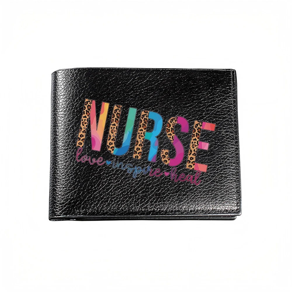 Nurse Love Inspire Heal Rainbow Leopard Print Men's Wallet Card Holder Fashion Business Casual Style