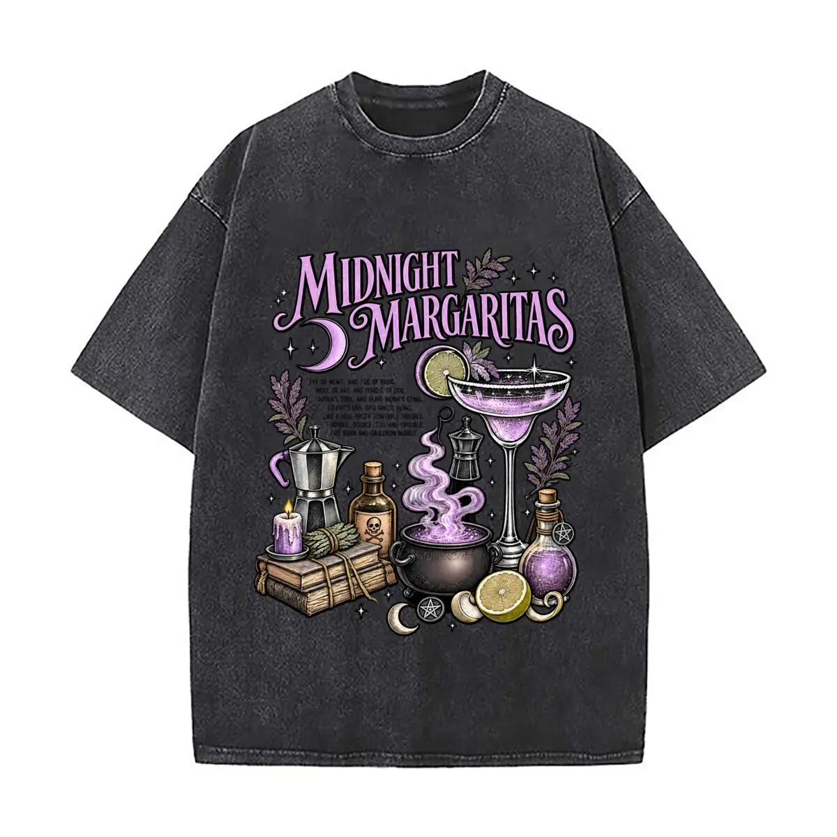 Midnight Margaritas Witchy Cocktail Cauldron Potion Herbs Moon Stars Washed Short Sleeve Loose Streetwear Tee Hip Hop