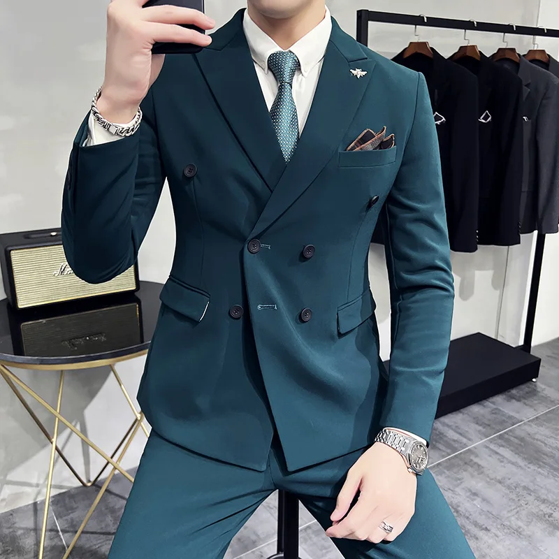 

Men's Suits Peak Lapel Double Breasted Slim Fit Formal Wedding Party Suits Groomsmen Blazer Pants 3 Pieces Terno Masculino