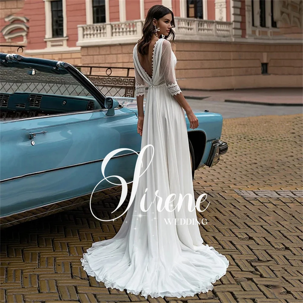 Sirene Boho Chiffon Wedding Dress Lace Three Quarter Sleeve Pleats Sexy High Side Slit V-Neck Bridal Dress 2024 Wedding Party