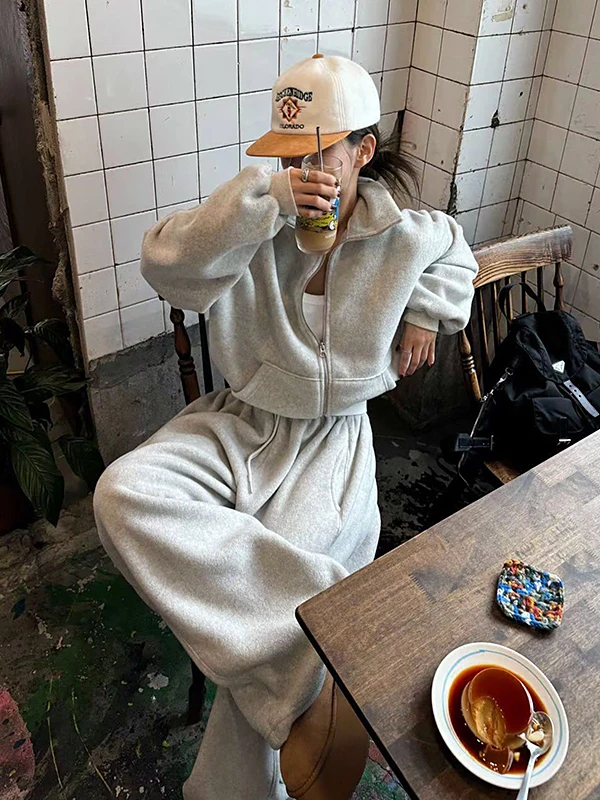 

Korean Sle Women's Plu Thiened Loose Sweatpants Set ort Zipper Jaet Two-Piece Set Faionable Early Winter Outfit