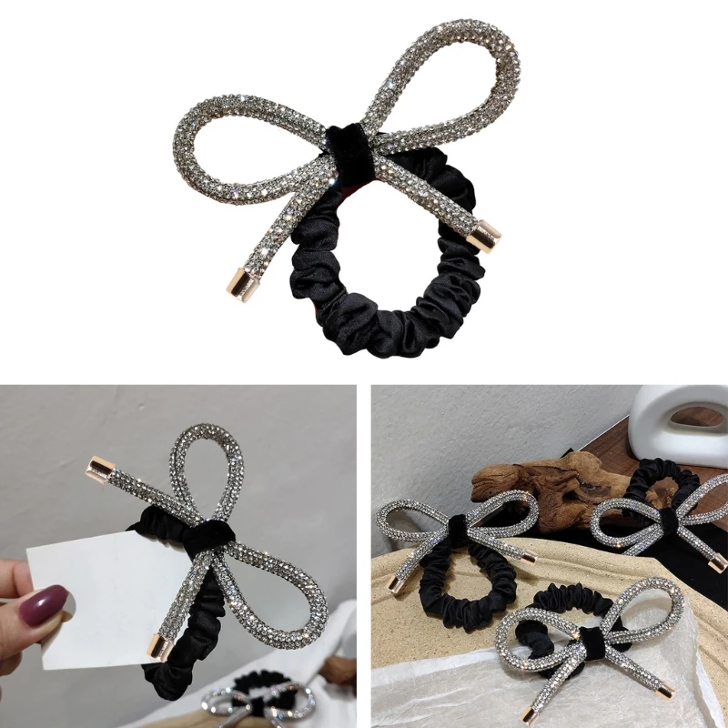 Ladies for Rhinestone Bowknot Hair Ties Rope Luxury Glitter Jeweled Elastic Rubber Band Ponytail Holder Scrunchie