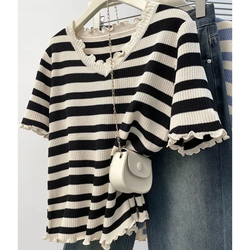

Summer New Style Pullover Fashion Simplicity Elegant Trend Korean Version Loose Striped V-neck Ice Silk for Shor Sleeves Top Tee