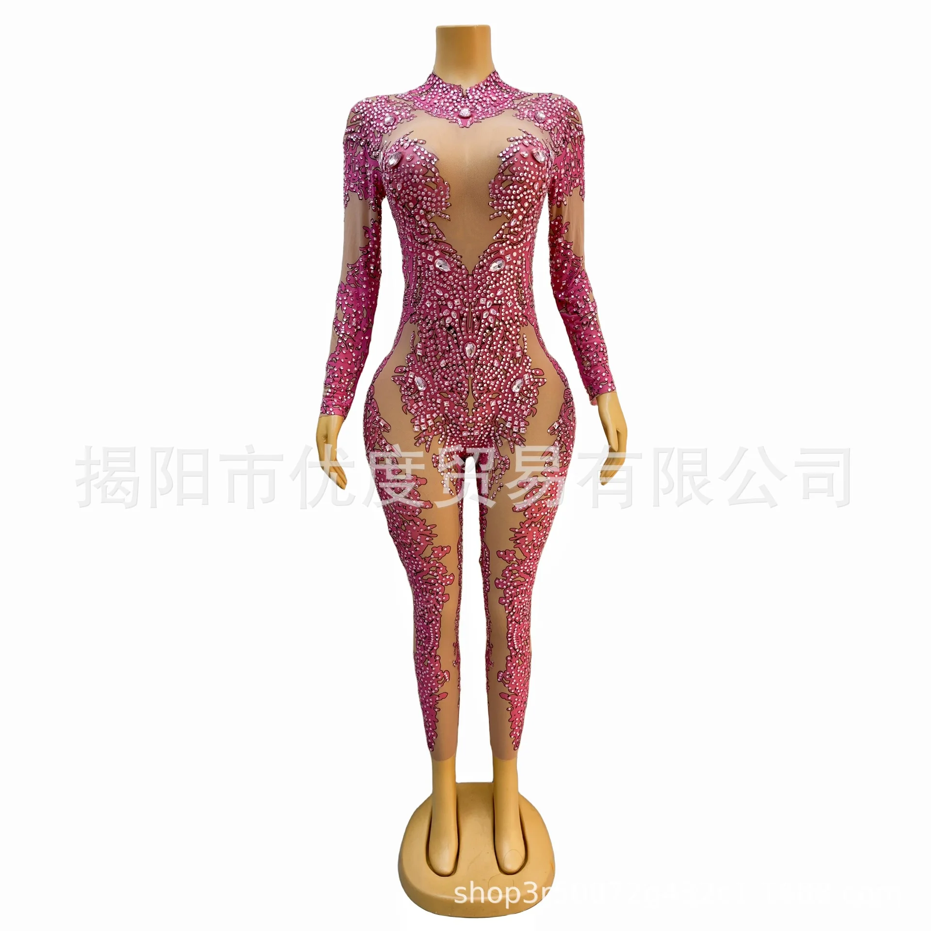 Perspective Hand-painted Print DJ Reception Rhinestone Jumpsuit Glam Female Singer Night Party Performance Pink Grapes Robe Fête