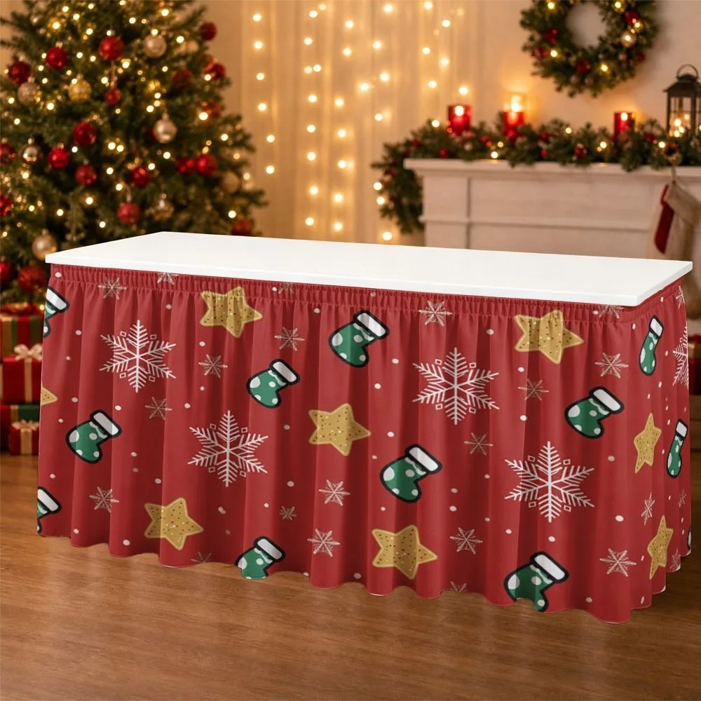 1pc table skirt for Christmas party. The skirt has a red base and is printed with 2D flat snowflakes and stars on it.