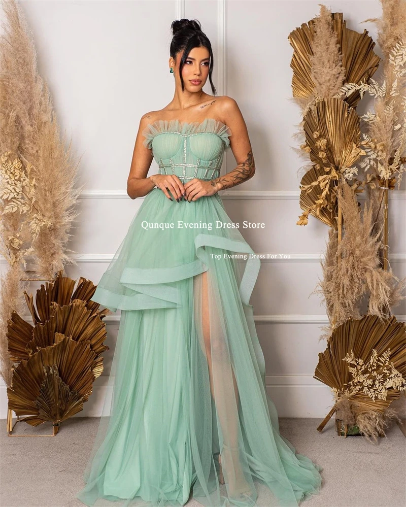 Qunque Long Mint Green Evening Dresses Tiered Slit Tulle Guest Prom Gowns Customized Elegant Ruffles Event Gown Vestidos De Gala