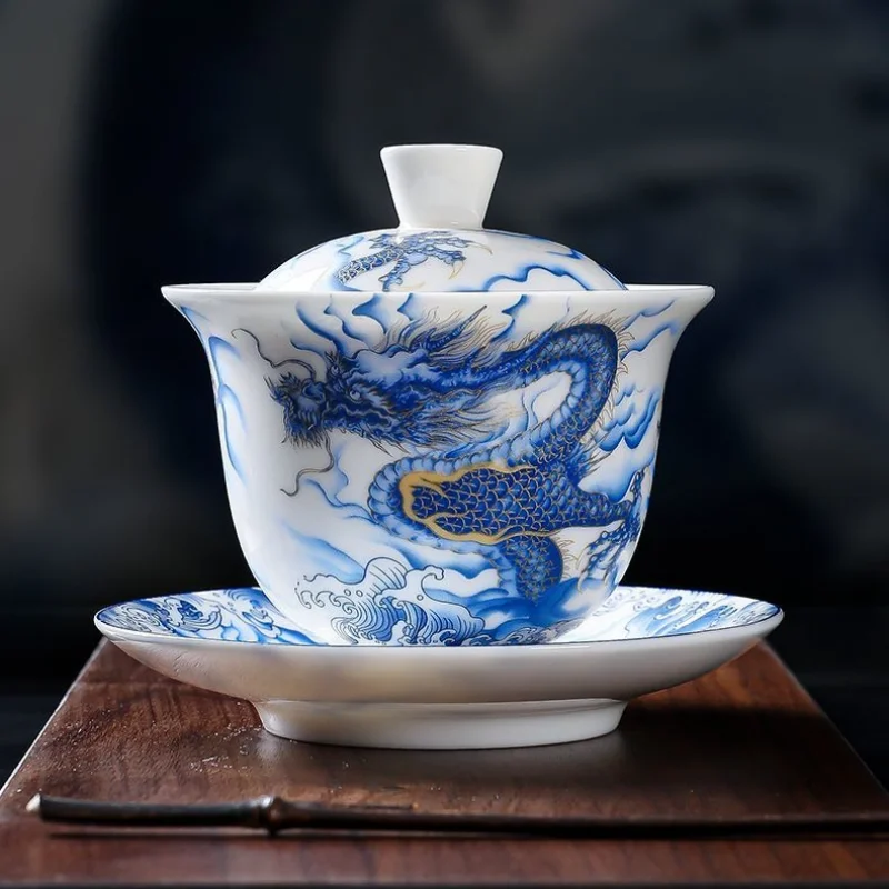 Mutton Fat White Porcelain Gaiwan, Azure Dragon Pattern Anti-scald Gongfu Tea Bowl, Large Size for Home Tea Serving Ceremony